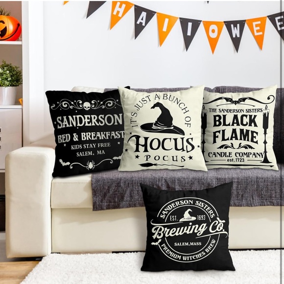Hocus Pocus Pillow Covers Halloween Black White 18x18 4 Set Couch Sofa Decor SL5 - Picture 6 of 8